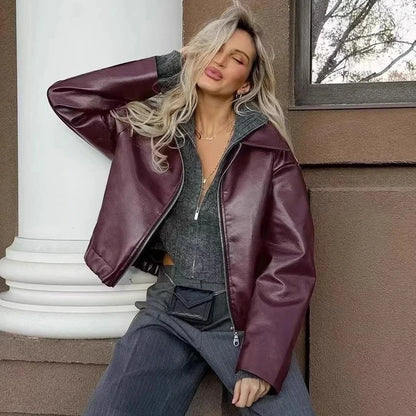 Otoño Invierno chaqueta de cuero Retro 2026 nueva chaqueta de cuero Pu para mujer solapa corta motocicleta abrigo suelto mujer abrigo de cuero de motorista