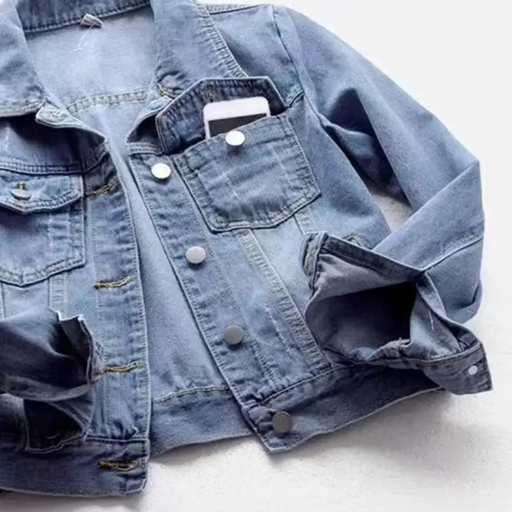 Women's denim jacket, single-breasted chest flap jacket, slim fit long sleeve short coat, retro women's denim jackets, outerwear
