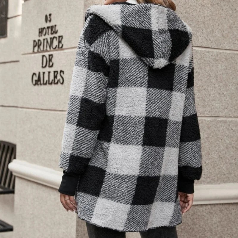 Cárdigan a cuadros de doble lana para mujer, chaqueta suave holgada de manga larga de felpa cálida con capucha, abrigo de retales para mujer, Otoño e Invierno
