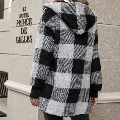 Cárdigan a cuadros de doble lana para mujer, chaqueta suave holgada de manga larga de felpa cálida con capucha, abrigo de retales para mujer, Otoño e Invierno