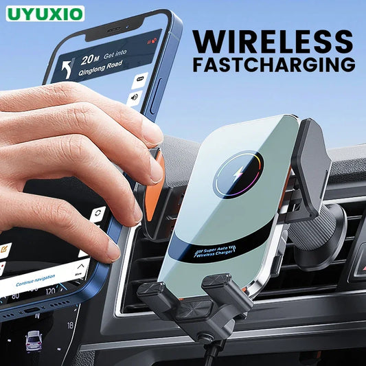 UYUXIO Automatic Clamping Wireless Car Charger Adapter, Super Fast Charging Air Vent Car Phone Mount for iPhone 16 15 Pro Max Samsung