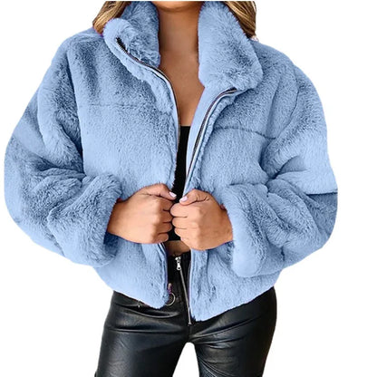 Women's warm winter jacket, zipper cardigan, faux fur, fashion, long sleeve, stand-up collar, plush coat for women