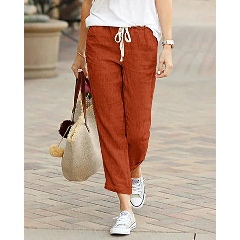 Women's Casual Linen Cotton Trousers, High Waisted Elastic Ankle-Length Solid Color Spring Summer Harem Pants with Pockets