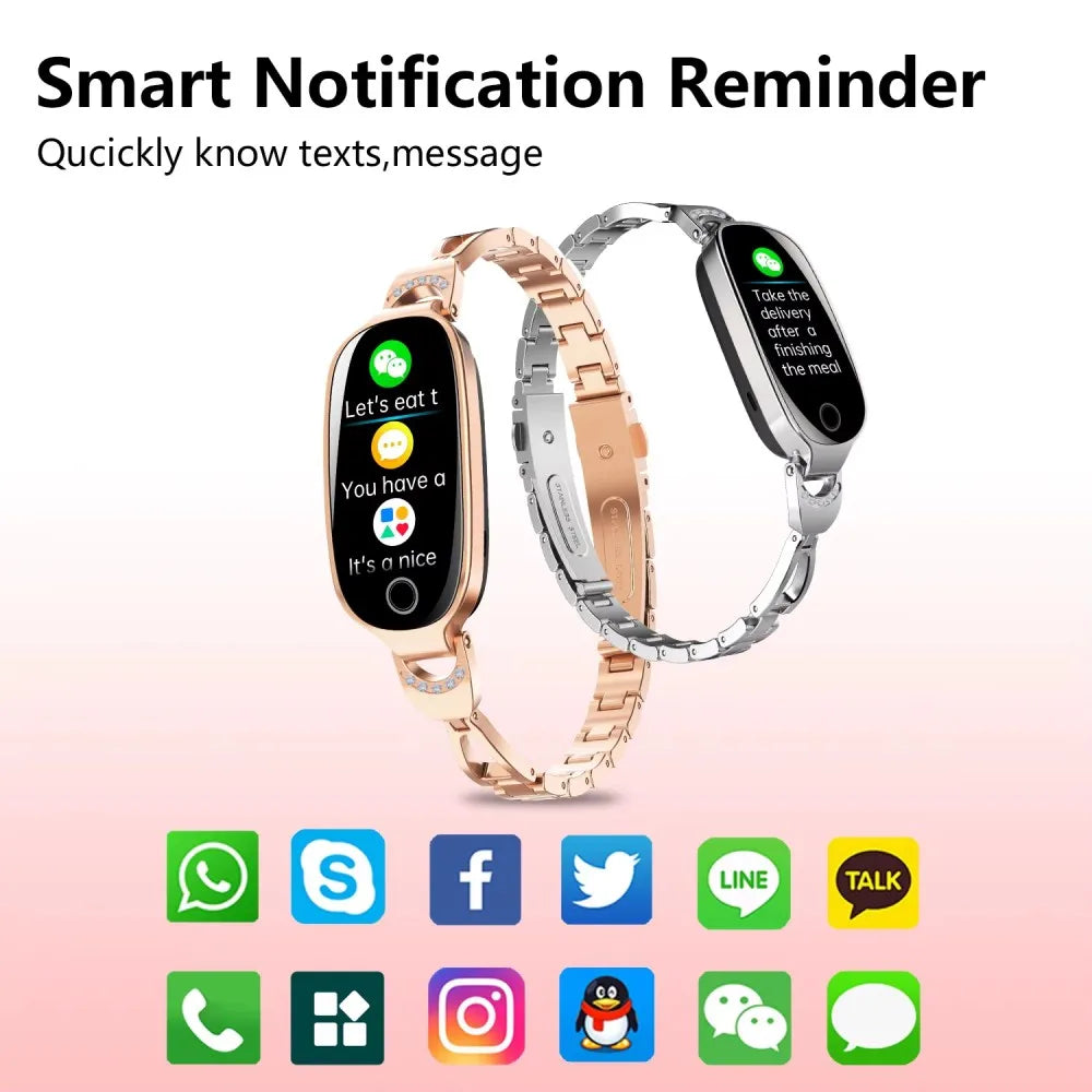 Reloj inteligente de moda para mujer con correa de caja de Metal llamadas Bluetooth recordatorio Menstrual femenino Monitor de presión arterial y frecuencia cardíaca