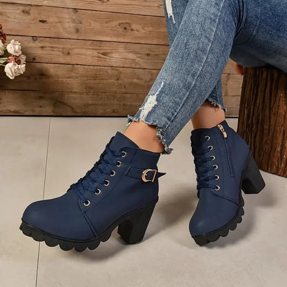 Women's Anti-slip Lace-up Boots, High Heel Shoes, Outdoor Fashion, High Quality, Autumn and Winter