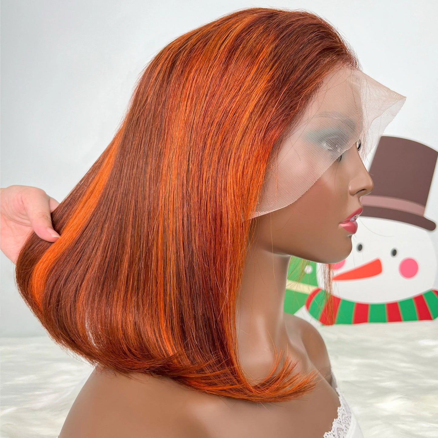 13x4 Straight Lace Front Bob Wig, 100% Human Hair, Silky Ginger Orange, 200% Density, with P4-350 Orange Highlights, Pre-Plucked