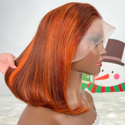 13x4 Straight Lace Front Bob Wig, 100% Human Hair, Silky Ginger Orange, 200% Density, with P4-350 Orange Highlights, Pre-Plucked