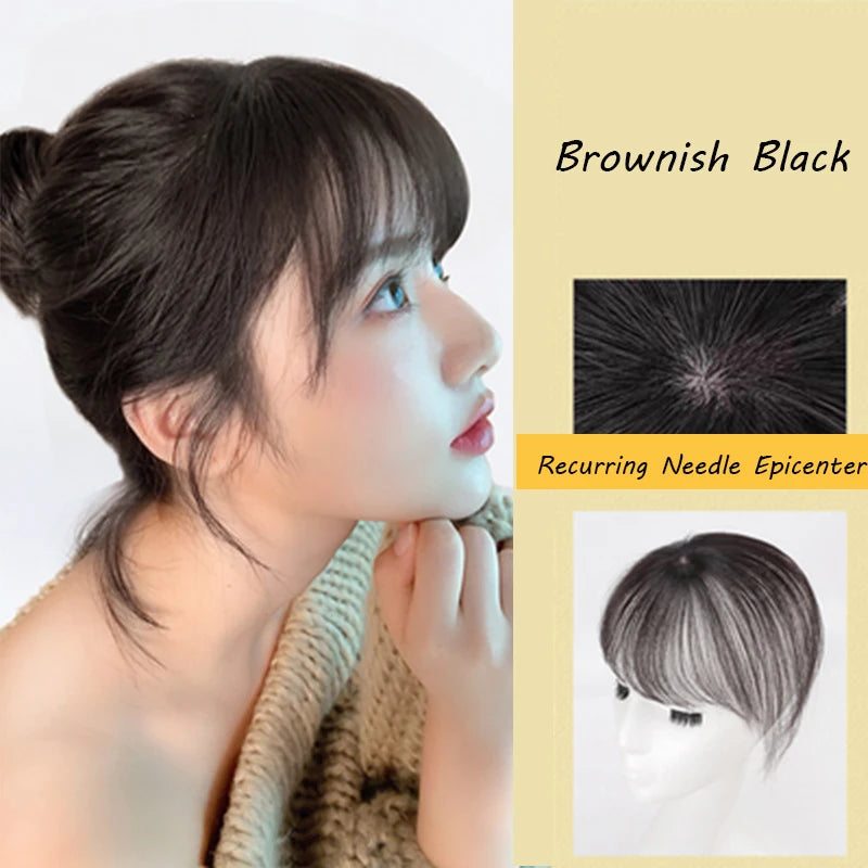 Peluca con flequillo de aire, pieza de peluca para mujer, flequillo Qi ultrafino sin rastro, peluquín de mujer de 5x5cm con flequillo de Base de piel de seda con corte