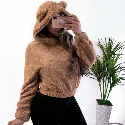 Moda coreana de invierno con orejas de oso, Sudadera con capucha holgada y esponjosa, sudadera cálida, Top de manga larga, jersey liso, ropa para mujer