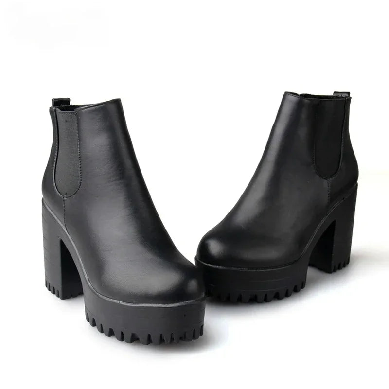 Botas de tacón cuadrado para Mujer, Zapatos con plataforma, de cuero PU, hasta el muslo, para motocicleta