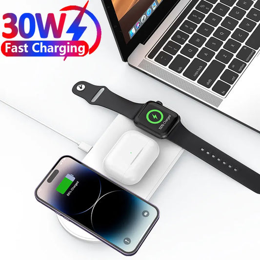 30W 3-in-1 Wireless Charger for iPhone 15 14 13 12 11 Pro Max 8 X Apple Watch 8 7 6 AirPods Fast Wireless Charging Station