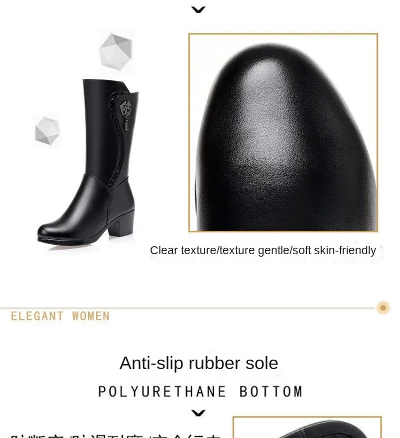 Botas de invierno para Mujer, Botas de nieve cálidas de felpa, Botas de tacón alto a media pantorrilla a la moda para Mujer, Botas de cuero de alta calidad para Mujer