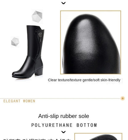 Botas de invierno para Mujer, Botas de nieve cálidas de felpa, Botas de tacón alto a media pantorrilla a la moda para Mujer, Botas de cuero de alta calidad para Mujer