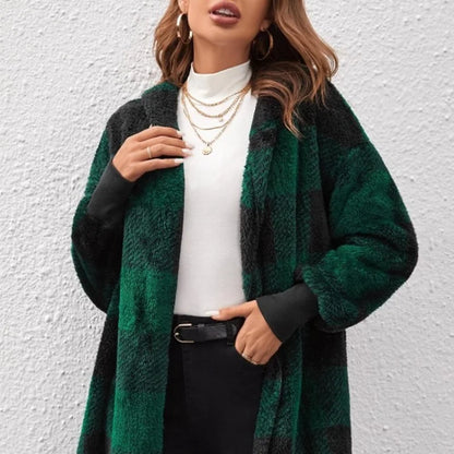 Cárdigan a cuadros de doble lana para mujer, chaqueta suave holgada de manga larga de felpa cálida con capucha, abrigo de retales para mujer, Otoño e Invierno
