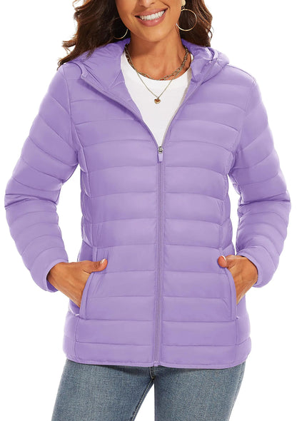 TACVASEN Chaqueta acolchada con capucha y cremallera completa para mujer, abrigos cálidos acolchados de invierno, cortavientos informal, prendas de vestir ligeras acolchadas para exteriores