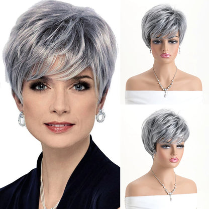 Short natural wigs with bangs, soft hair for mom, daily use, short gray ombre curly synthetic hair, costume party wig for women