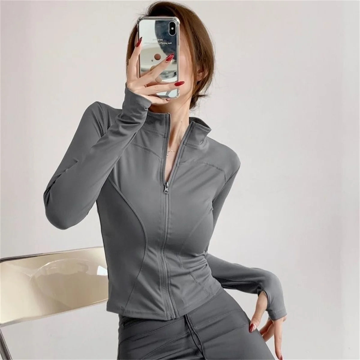 Women's Zippered Sports Jacket, Long Sleeve Slim Running Fitness Top, Quick Dry Plain Yoga Coat, Simple Casual Wear
