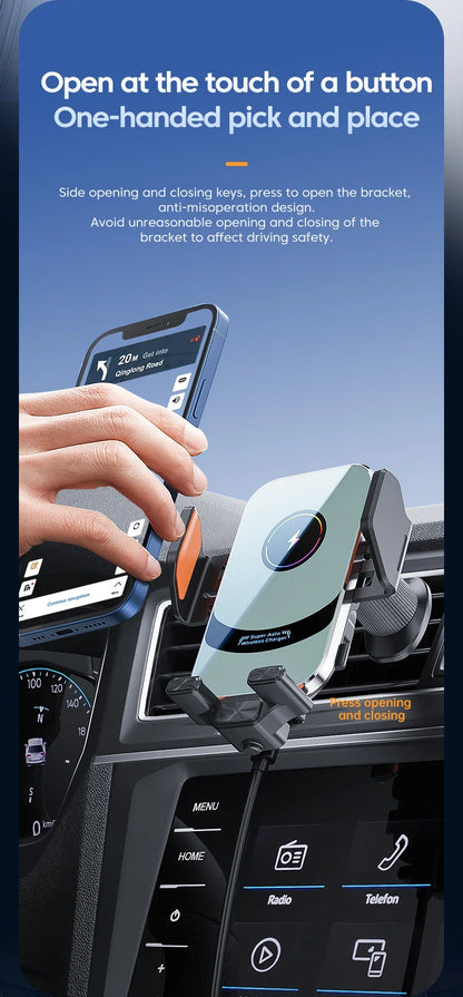 UYUXIO Automatic Clamping Wireless Car Charger Adapter, Super Fast Charging Air Vent Car Phone Mount for iPhone 16 15 Pro Max Samsung