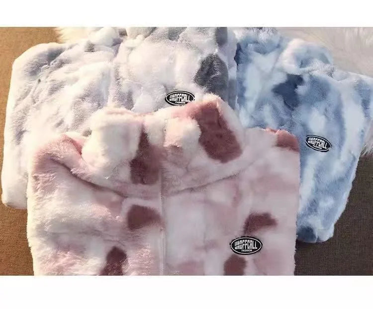 Nueva chaqueta de lana de cordero teñida anudada para mujer, prendas de vestir exteriores con cremallera para otoño e invierno, chaquetas cálidas de felpa, abrigo grueso holgado informal Harajuku para mujer