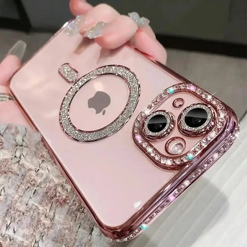 Funda de película de lente de cristal ostentoso de lujo para iPhone 15 16 11 12 13 14 Pro Max 16 Plus Magsafe cubierta transparente de carga inalámbrica magnética