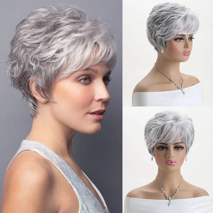 Short natural wigs with bangs, soft hair for mom, daily use, short gray ombre curly synthetic hair, costume party wig for women