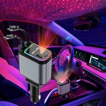 ZRGAE 4-in-1 Car Charger with Starry Sky Projector, Retractable Car Charger with Charging Cable and 2 Universal Charging Ports