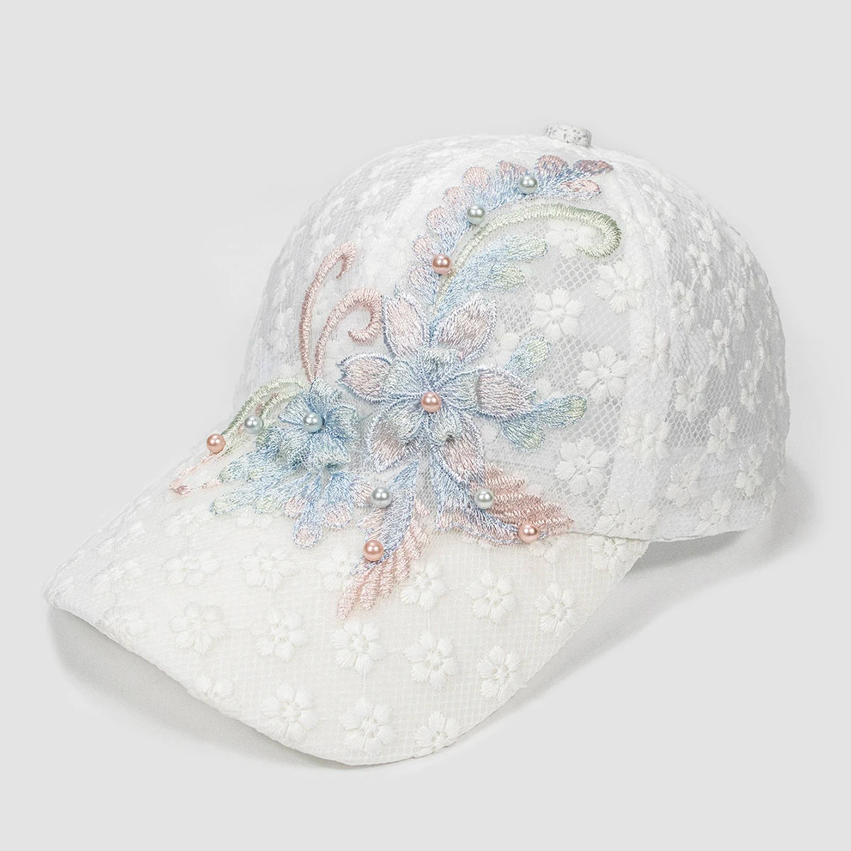 Gorra de béisbol de mujer transpirable ahuecada de encaje sombrero elegante bordado blanco