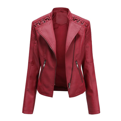 Chaqueta de cuero sintético para mujer, abrigo corto ajustado con cuello levantado y cremallera, ropa de calle para motorista, novedad de primavera y otoño.