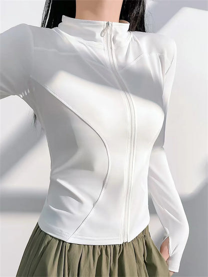 Women's Zippered Sports Jacket, Long Sleeve Slim Running Fitness Top, Quick Dry Plain Yoga Coat, Simple Casual Wear