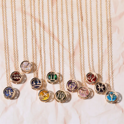Retro Double-Sided Hollow 12 Constellation Pendant Necklaces for Women, Crystal Rhinestone Birthstone Zodiac Sign Choker