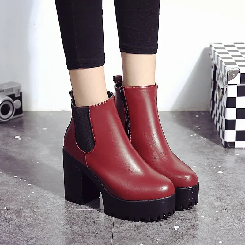 Botas de tacón cuadrado para Mujer, Zapatos con plataforma, de cuero PU, hasta el muslo, para motocicleta