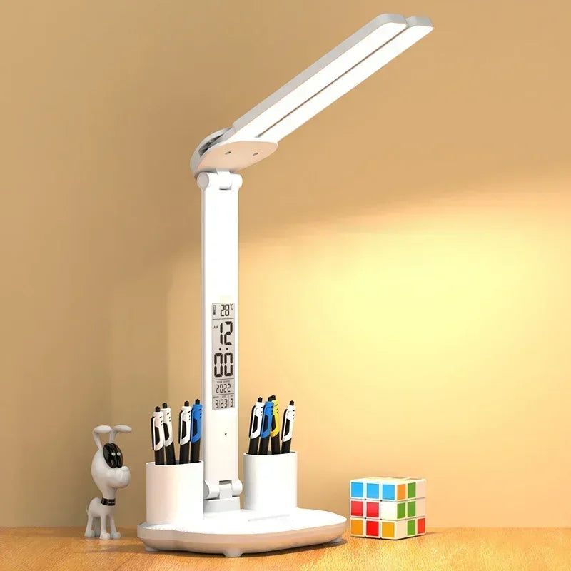 LED Desk Lamp, Dimmable Touch Folding Table Lamp with USB, Calendar, Temperature Clock, Night Light for Study, Reading Lamp