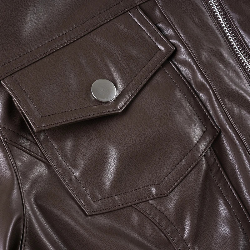 Chaqueta de cuero Pu estilo Safari con bolsillos ajustados, abrigos de manga larga con cremallera y cuello alto para mujer, ropa de calle Y2K para Otoño e Invierno 2025