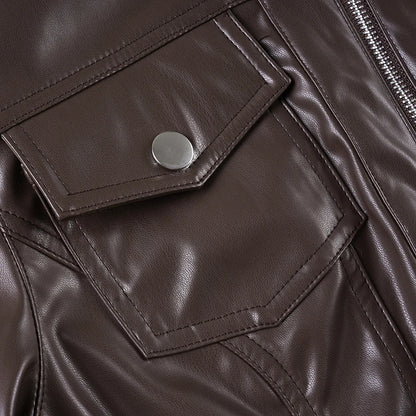 Chaqueta de cuero Pu estilo Safari con bolsillos ajustados, abrigos de manga larga con cremallera y cuello alto para mujer, ropa de calle Y2K para Otoño e Invierno 2025