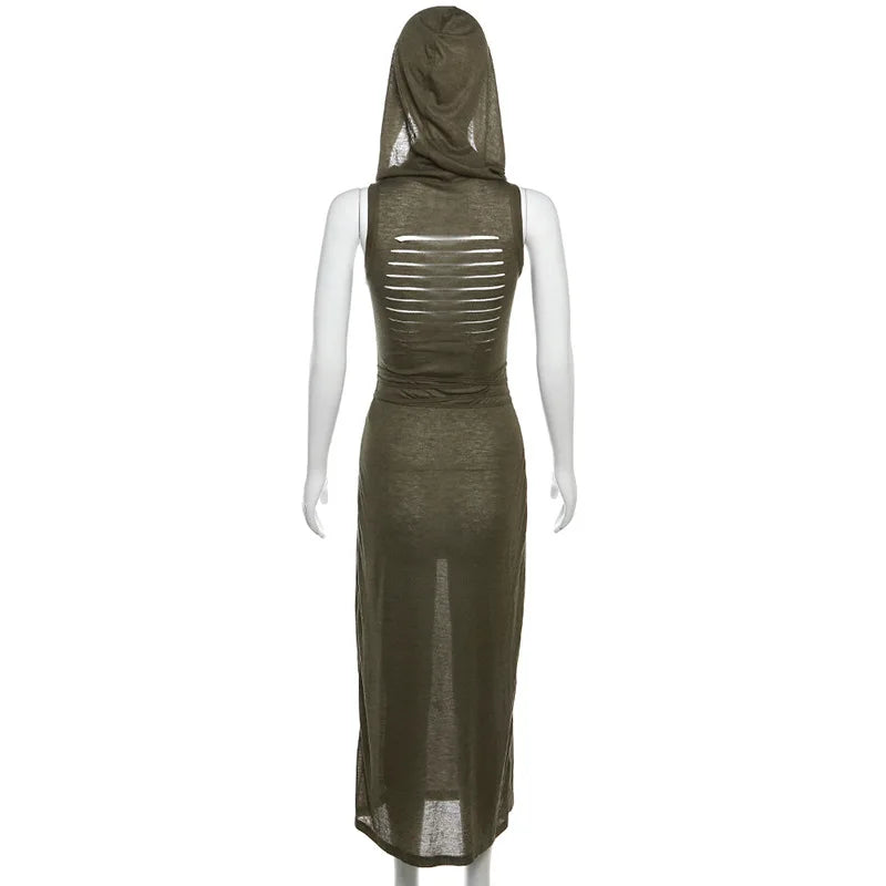 Verano Sexy estilo europeo y americano sin mangas vestido con capucha largo dividido ahueca hacia fuera el vestido de las mujeres de Color puro
