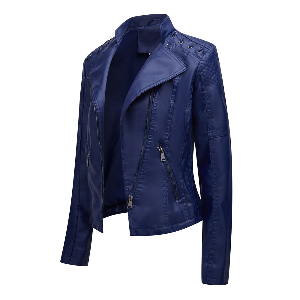 Chaqueta de cuero sintético para mujer, abrigo corto ajustado con cuello levantado y cremallera, ropa de calle para motorista, novedad de primavera y otoño.