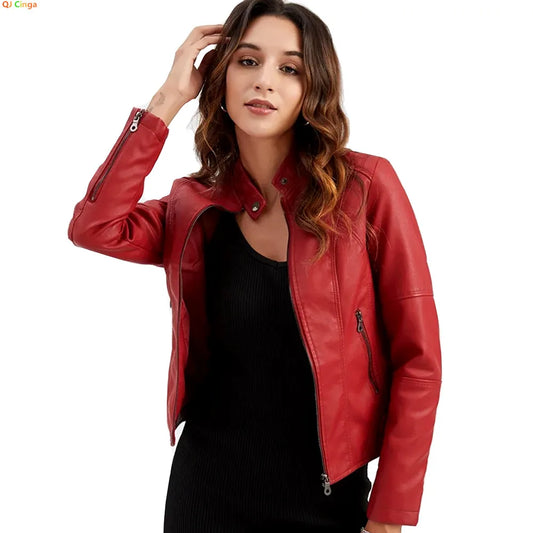 Women's Red Faux Leather Jacket, Stand Collar Zipper Biker Jacket, Fashion Casual Coat for Women, Female Outwear, Black Purple Top.