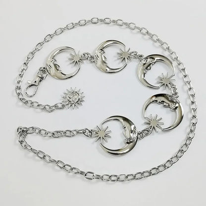 Cinturón de cadena dorada para mujer, cinturones de Metal con forma de luna y sol, pretina para vestido Punk, accesorio vaquero gótico, Ketting Riem largo.