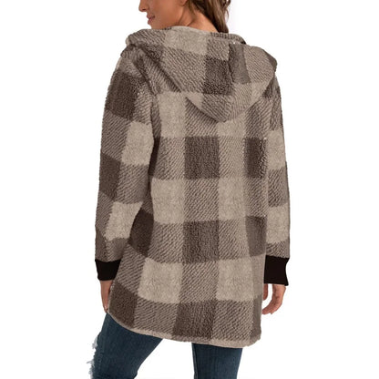 Cárdigan a cuadros de doble lana para mujer, chaqueta suave holgada de manga larga de felpa cálida con capucha, abrigo de retales para mujer, Otoño e Invierno