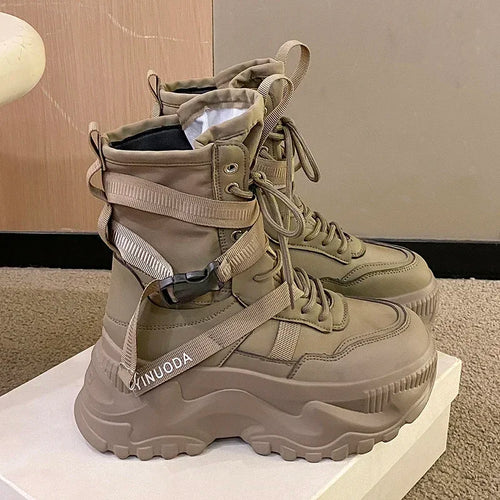 Botas De moto con plataforma gruesa para Mujer, zapatos blancos con cordones y parte inferior gruesa, botines De Mujer para Otoño e Invierno