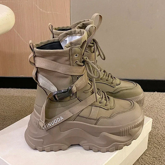 Women's motorcycle boots with thick platform, white lace-up shoes with thick sole, women's ankle boots for autumn and winter