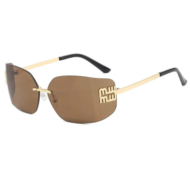 Gafas sin montura de lujo de Metal Funky para mujer, gafas clásicas con remaches de diseñador de marca, gafas de curvas con gradiente rectangular para mujer