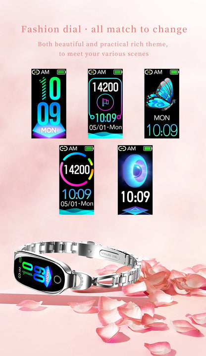 Reloj inteligente de moda para mujer con correa de caja de Metal llamadas Bluetooth recordatorio Menstrual femenino Monitor de presión arterial y frecuencia cardíaca