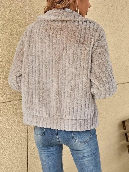 Women's Autumn/Winter Ribbed Plush Cardigan with Cutouts, Short Neck Coat 34/2000, Fashionable Warm and Cozy Outerwear