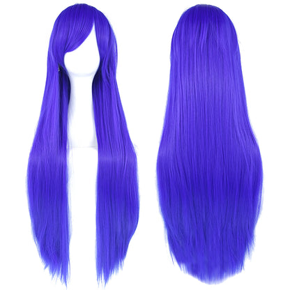Soowee 80cm Synthetic Hair Wigs, White and Purple Cosplay Wigs, Black Straight Hair Wig for Party, Women's Wig.