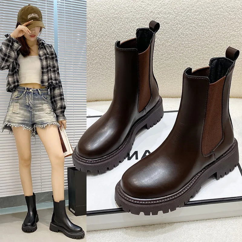 Botas Chelsea, nuevos zapatos de invierno de suela gruesa para mujer, botas cortas de suela gruesa a la moda de otoño para mujer