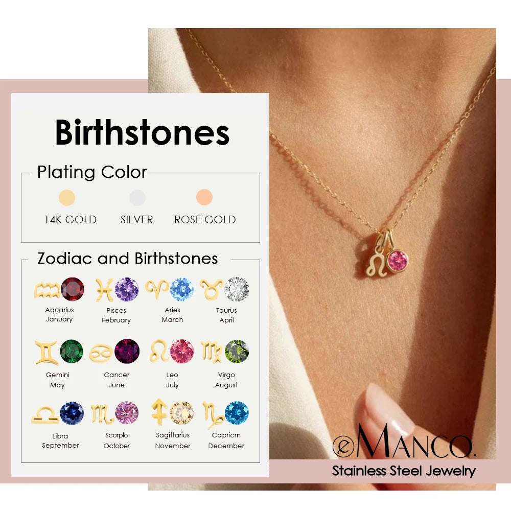 EManco - Birthstone Constellation Double Pendant Necklace, 12 Zircon Stainless Steel Jewelry, DIY Necklace.