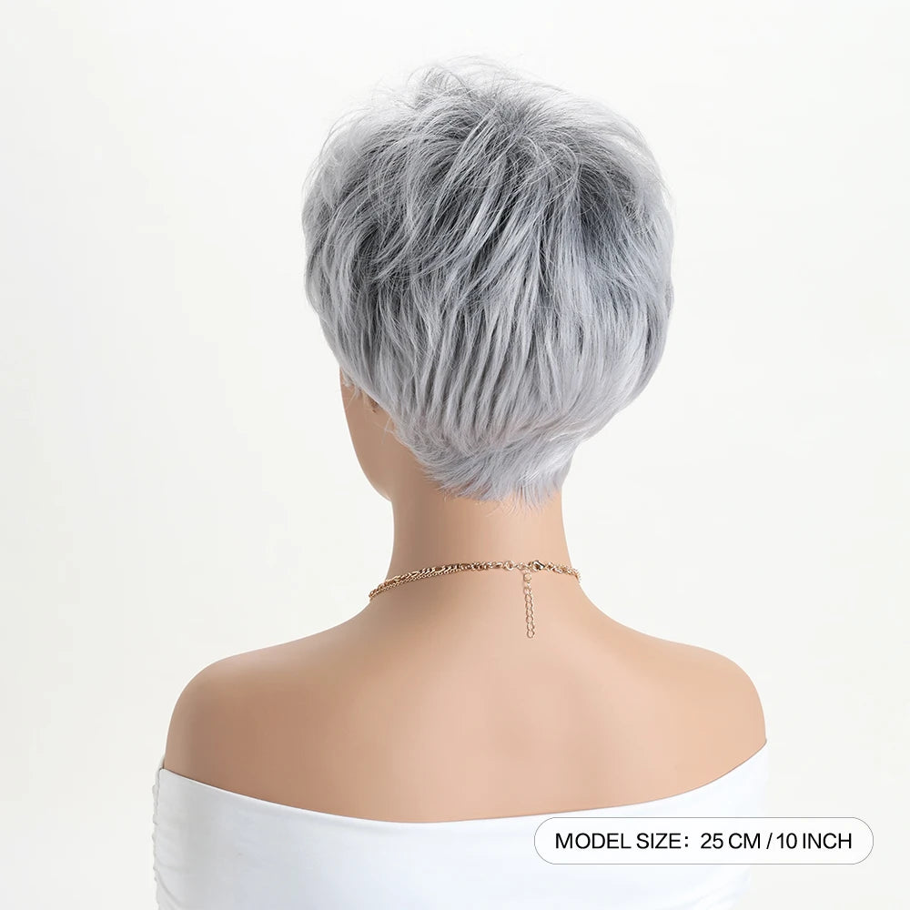 Short natural wigs with bangs, soft hair for mom, daily use, short gray ombre curly synthetic hair, costume party wig for women