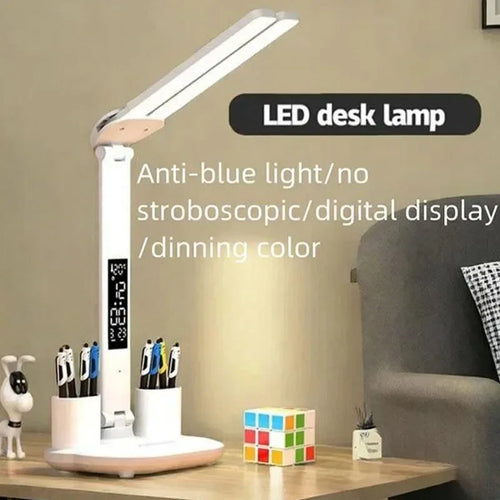 LED Desk Lamp, Dimmable Touch Folding Table Lamp with USB, Calendar, Temperature Clock, Night Light for Study, Reading Lamp