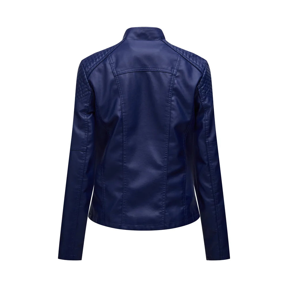 Chaqueta de cuero sintético para mujer, abrigo corto ajustado con cuello levantado y cremallera, ropa de calle para motorista, novedad de primavera y otoño.